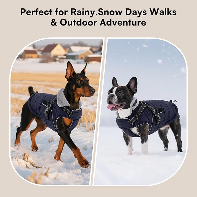 Queenmore XXXL Dog Coats for Extra Large Dogs Winter with Harness Built-in, Warm Waterproof Jacket Large, Cold Weather Outdoor Puffer Coat - Fleece Lining Hook & Loop Closure Reflective Easy On, Navy