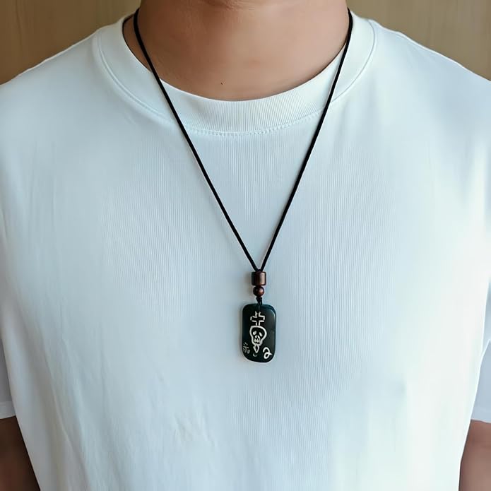 Handmade Black Bull Bone Pendant Necklace, Traditional Tribal Design, Wooden Beads, Adjustable Braided Rope, 24 Inch, Surfer Style