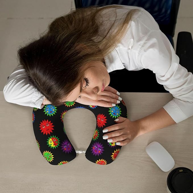 Neck Travel Pillow, Women Men Washable Airplane Car Pillows Trippy Sun Moon Art Black, Head Support Rest U Shaped Cushion Comfortable for Watching TV
