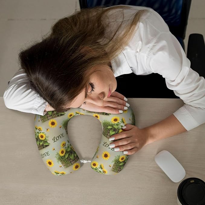 Comfortable Memory Foam Neck Pillow Retro Sunflower, Travel U Shaped Airplane/Car/Flight Pillows with Removable Zipper Cover, Chin Head Neck Support Cushion