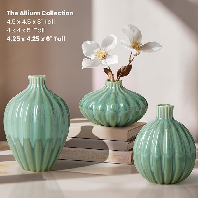 Torre & Tagus 6" Reactive Glaze Ceramic Green Bud Vase - Mint Green Two-Tone Handmade Textured Vases for Home Decor & Flowers as Small Decorative Accents for Coffee Table & Shelf (Allium 6 Inch Vase)