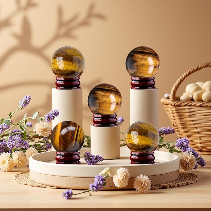 Natural Clear Quartz Crystal Sphere with Stand,5PC Real Crystals Ball, Clear Quartz Small Ball Decor (Tiger Eye Ball)