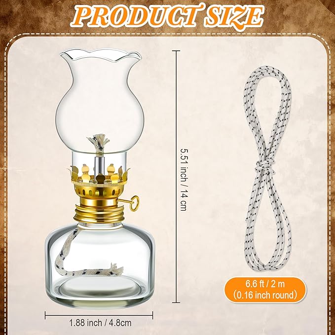 Yexiya Vintage Glass Kerosene Lamp Rustic Oil Lamp Lantern Chamber Oil Clear Kerosene Hurricane with 6.6 ft Extra Wick for Indoor Use Lighting Decor Emergency (6 Set,Modern Style)