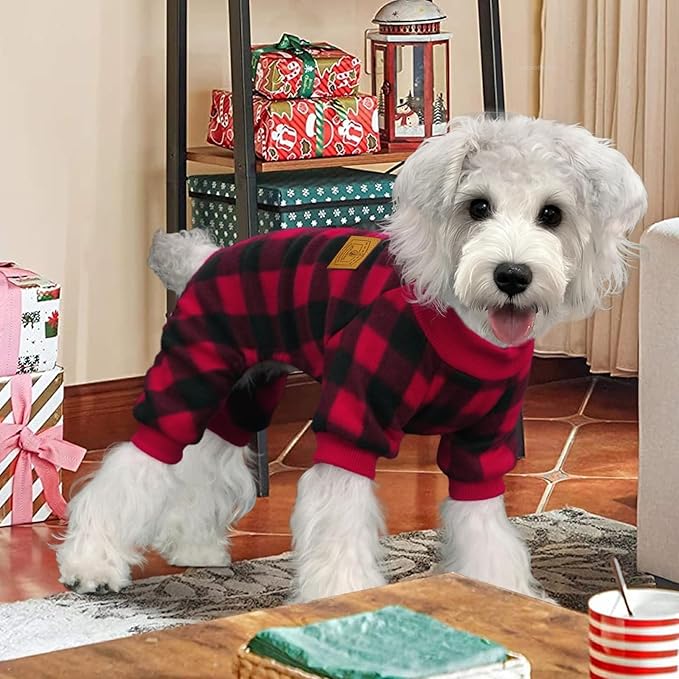 XPUDAC Dog Christmas Pajamas Plaid Doggie Clothes for Small Medium Dogs Girl Boy Fleece Pet Sweater for Winter Christmas(X-Small)