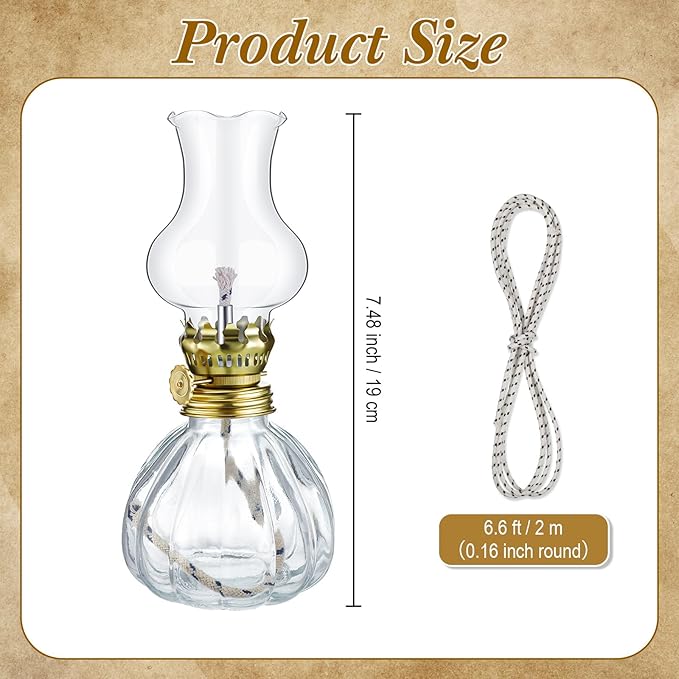 Yexiya 6 Set Vintage Glass Kerosene Lamp Rustic Oil Lamp Lantern Chamber Oil Clear Kerosene Hurricane with 6.6 ft Extra Wick for Indoor Use Lighting Decor Emergency (Pumpkin Style)