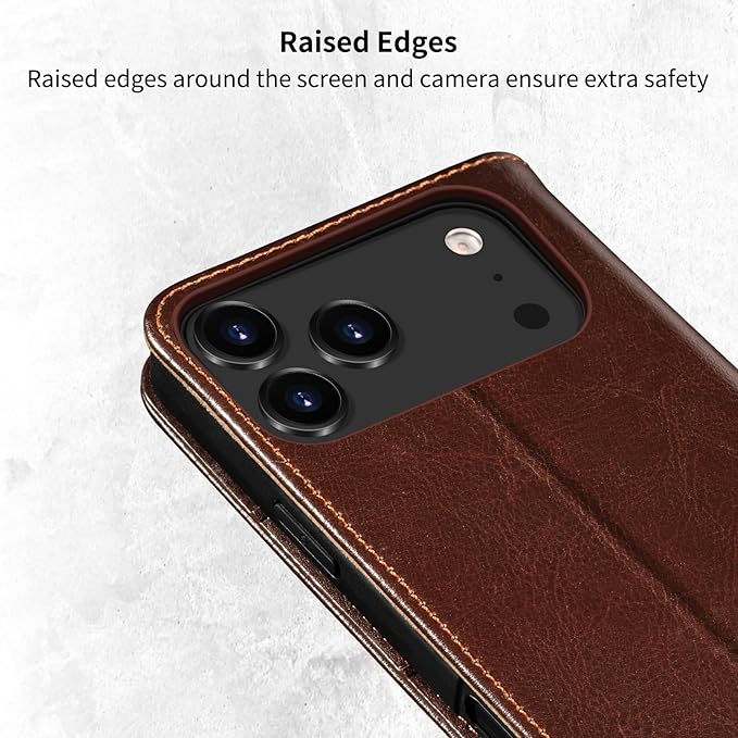 Belemay Leather Wallet Case Compatible with iPhone 17 Pro, Premium Cowhide Leather Two-Tone Effect, RFID Blocking Card Holders, Shockproof TPU Shell, Kickstand, Protective Flip Cover, 6.3", Brown