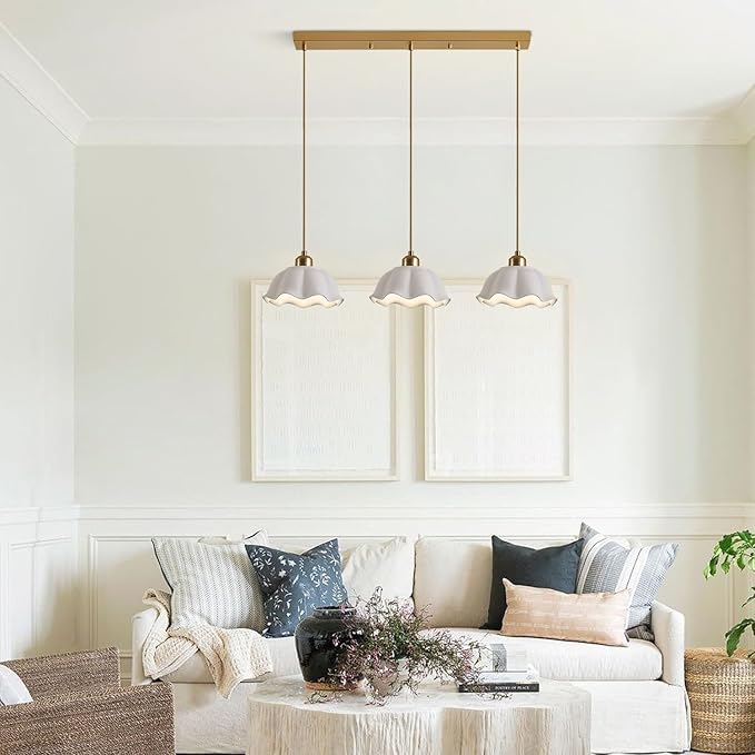 3-Light Hanging Pendant Light Fixtures Gold Kitchen Island Lighting Vintage Milk Glass Light Adjustable White Wave Ceramic Hanging Ceiling Light Nordic Retro Ceiling Lamp MPL11-3S GD