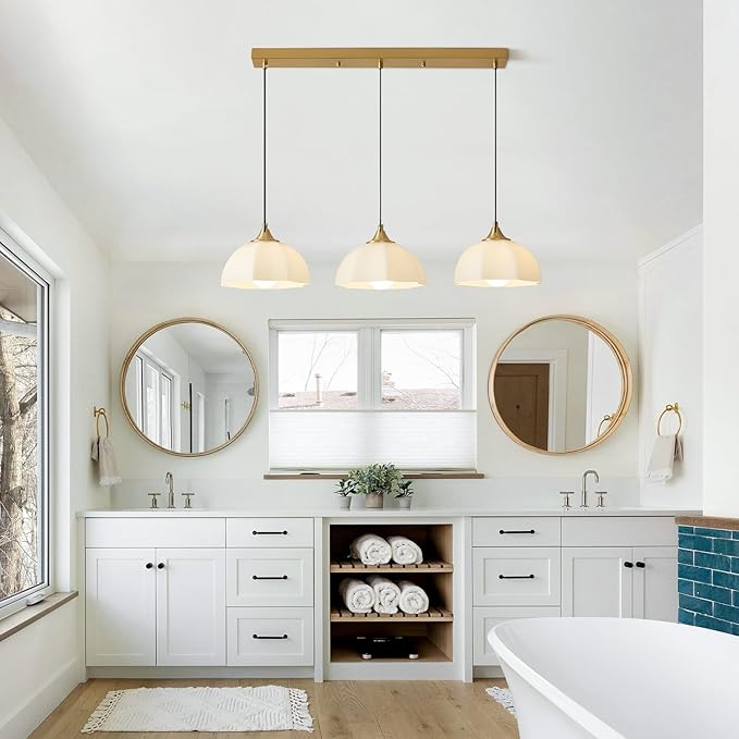 Modern 3 Light Pendant Lighting Gold Linear Dining Room Light Fixture Milk Glass Linear Chandelier Brass and White Pendant Lights Kitchen Island 3 Bulb Hanging Ceiling Light MPL17-3S GD