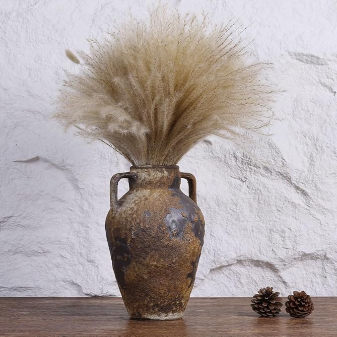 Wabi Sabi Decor Rustic Vase with 2 Handles, Farmhouse Vase for Home Decor, Vintage Terracotta Stone Vases Suitable for Home Decor, Living Room, Shelf Decor, Dining Table Decorative Vases