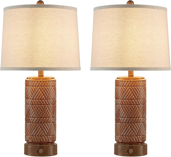 RORIA Set of 2 Vintage Touch Table Lamps for Living Room, 3 Way Dimmable Nightstand Lamp with 2 USB Port, Farmhouse Rustic Boho Ceramic Desk Lamps for Bedroom End Table, Bulbs Included