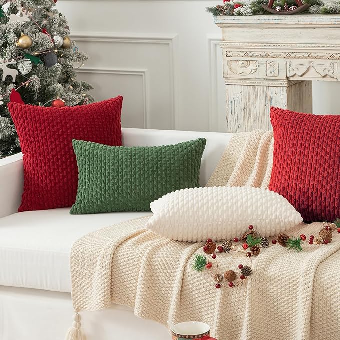 Kevin Textile Christmas Red Corduroy Decorative Throw Pillow Covers 16x16 Inch Pack of 2 Soft Boho Striped Pillow Covers Modern Farmhouse Home Decor for Sofa Living Room Couch Bed