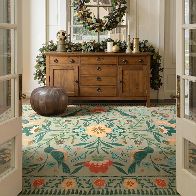Moynesa Area Rugs 9x12 Green Aesthetic Home Decor, Modern Farmhouse Country Floral Bird Print Pattern Medallion Carpet for Living Room Bedroom Dining Room,Non-Slip Washable Floor Protection