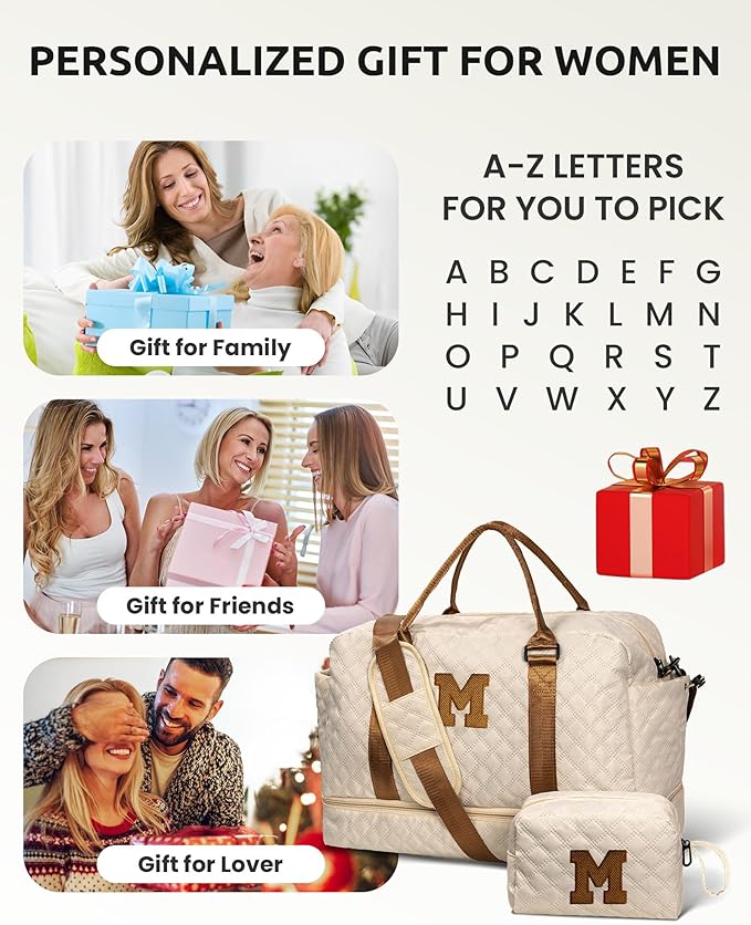Vogewood Gifts for Girls-Initial Duffle Bag with Shoe Compartment, Personalized Weekender Bag, Monogram Overnight Bag, Letter Travel Bag with Makeup Bag,Personalized Gift Idea for Women Her (Letter G)
