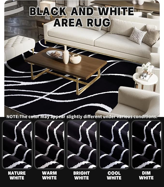 YIHOUSE Black Modern Area Rug 6x9,Abstract Rugs for Bedroom,Black and White Geometric Rug,Minimalist Striped Rug,Dark Washable Area Rugs 5x7 Non Slip Rugs for Living Room,Office