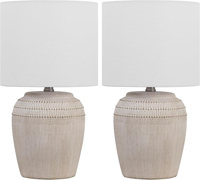 JONATHAN Y JYL5707B-SET2 16.75" Antique White Rustic Reeded Ceramic Table Lamp Set of 2 for Living Room, Traditional Farmhouse Bedside Nightstand Lamps with White Linen Shade, LED Bulbs Included