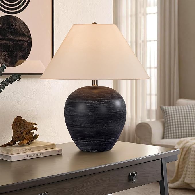 Pia Ricco 21'' Large Gray Base Ceramic Basin Table Lamp for Bedroom, Living Room, Dining Room, Office, White Shade,White Striped Black Base