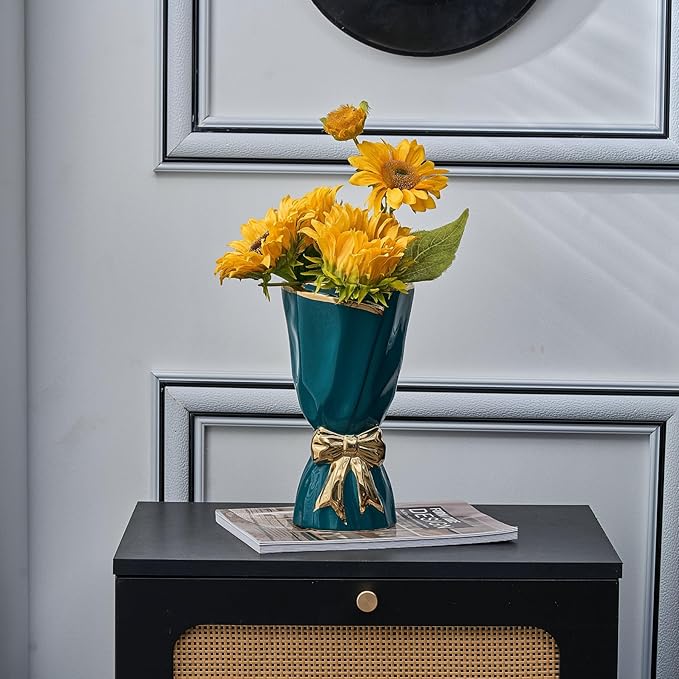 Bow Vase for Home Decor, Gold Vase for Boho Style, 9.65 Inch Large Vases for Ideal Table Decor, Living Room. Ceramic Flower Vases. (Glazed Exterior and Interior) (Green, Large)