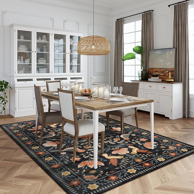 Moynesa Black Washable 8x10 Area Rugs for Living Room Bedroom Dining Room, Modern Transitional Aesthetic Floral Bird Medallion Carpet, Folk Art Home Decor Open Floor Areas Protection Non-Slip