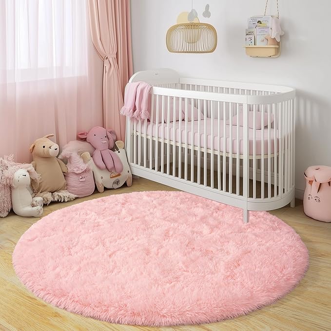 Round Fluffy Rugs 4Ft for Girls Bedroom, Pink Shag Circle Kids Rug Non-Slip for Bedside Dorm Nursery Playroom, Soft Cute Area Rugs for Living Room Decor