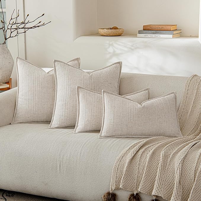 a moment Linen Pillow Covers Set of 2,Boho Farmhouse Throw Pillowcases Neutral Textured Decorative Covers for Couch Sofa,Soft Linen Blend Accent Case Cushion Living Room Home Decor 24"x24"Ivory