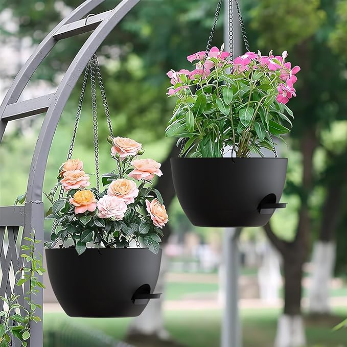 Set of 3-10 Inch Self Watering Hanging Planters for Indoor & Outdoor,Hanging Plant Pots with Drainage & Removable Tray, Modern Hanging Pots Holder for Ivy, Spider Plants, Ferns, Balcony & Patio, Black