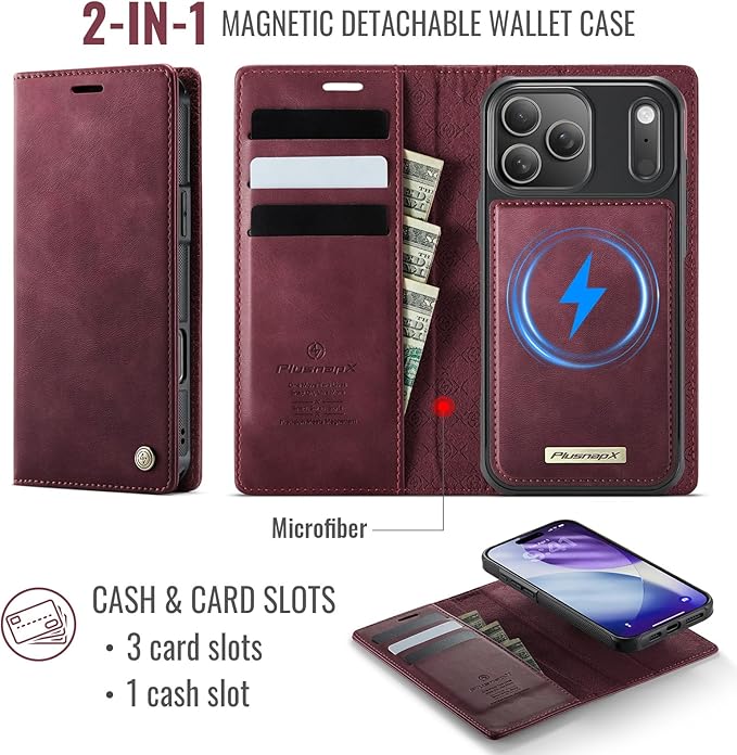 PlusnapX Wallet Case for iPhone 17 Pro Max Compatible with Magsafe, 2-IN-1 PU Leather Flip RFID Blocking Card Holder Stand Shockproof Magnetic Detachable Case for iPhone 17 Pro Max Case 6.9", Burgundy