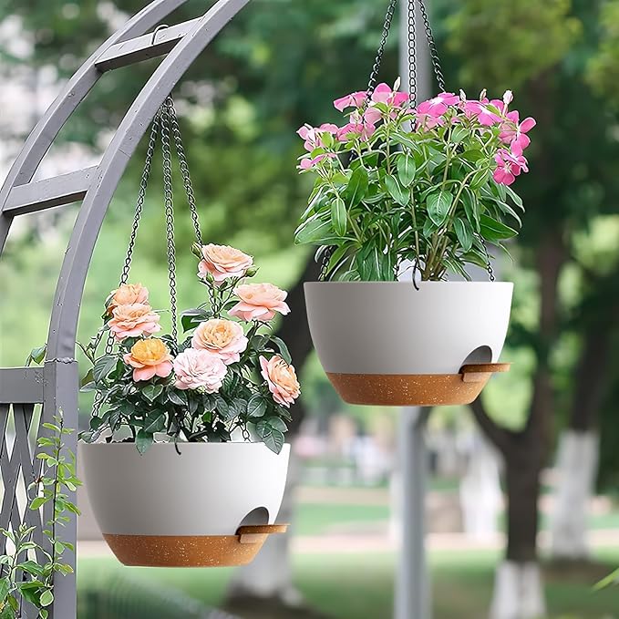 Set of 3-10 Inch Self Watering Hanging Planters for Indoor & Outdoor,Hanging Plant Pots with Drainage & Removable Tray, Hanging Pots Holder for Pothos Plant, Ferns, Balcony & Patio,White with Brown