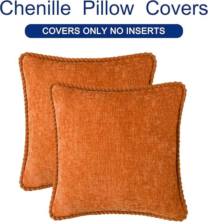 CaliTime Fall Decorative Couch Throw Pillow Covers 16 X 16 Inches Pack of 2 Cozy Chenille Piping Edge Cushion Cases for Sofa Bed Living Room Home Burnt Orange