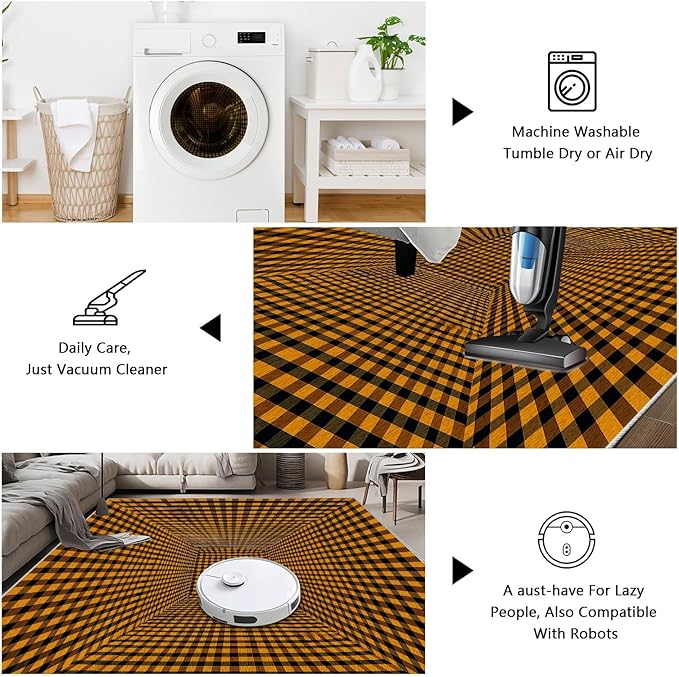 3D Rugs Optical Illusion - Plaid Rug 3x4, Geometric Stripes Soft Neutral Indoor Floor Mats Carpet, Non-Slip Stain Resistant Modern Orange Rug for Bedroom, Living Room Rugs