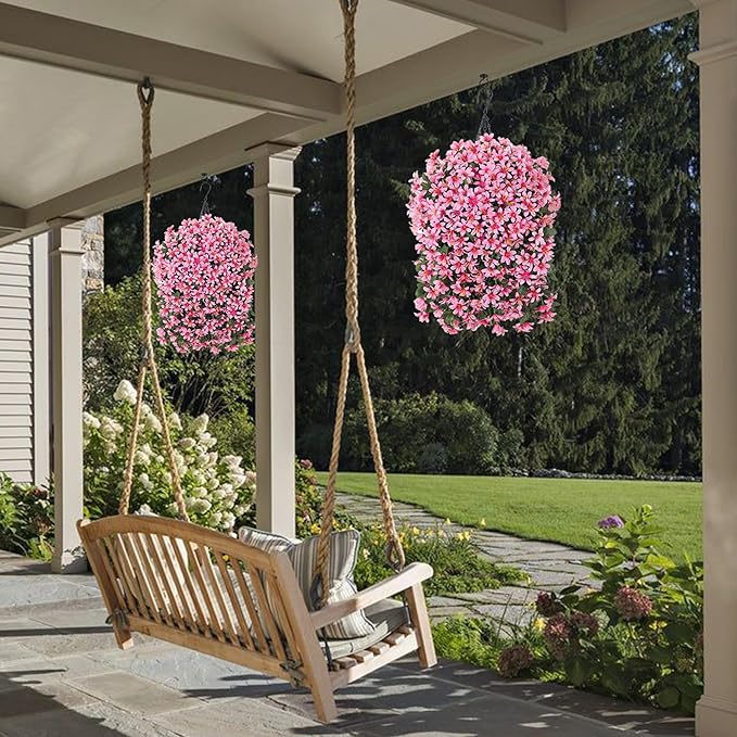 Artificial Flowers Plants for Outdoor with Basket, 4PCS Silk Hanging Faux Flowers Long Trailing Vines for Outside Home Porch Patio Decoration, White