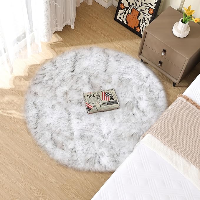 White and Grey Round Rugs 6ft Circle Furry Rug for Living Room Washable Shag Faux Sheepskin Fluffy Fur Rugs for Bedroom Nursery Rug
