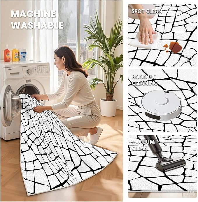 Black and White Area Rug, Abstract Rug, Contemporary Minimalist Rugs, Geometric Cracks Area Rugs, Modern Geometric Carpet for Living Room, Washable Non Slip Home Decor Mat 4x6