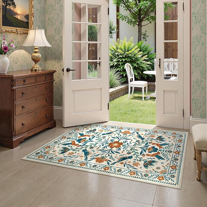 Moynesa 3x5 Entryway Rug Indoor, Modern Bohemian Washable Non-Slip Low Pile Area Rug for Kitchen Bedroom Entry,Lightweight Foldable Farmhouse Floral Bird Print Pattern Carpet Retro Home Decor
