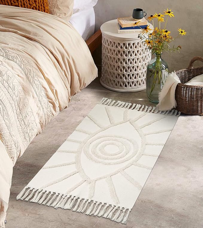 Uphome Boho Bathroom Rugs 2'x3' Beige Evil Eye Tufted Entryway Mat with Tassels Soft Machine Washable Cotton Small Rug Modern Minimalist Accent Throw Rug for Sink Kitchen Bedroom Doorway