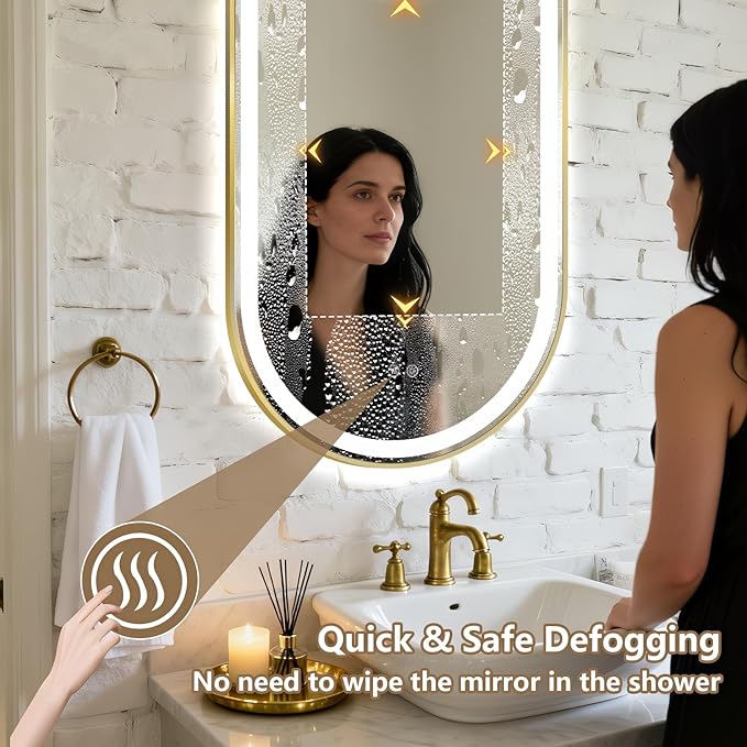 Niccy Oval LED Mirror for Bathroom, 32x20 Front Lit + Backlit Vanity Mirrors with Light Anti-Fog, Shatter-Proof, 3 Colors, Makeup Mirror with Old Gold Frame (Horizontal/Vertical)