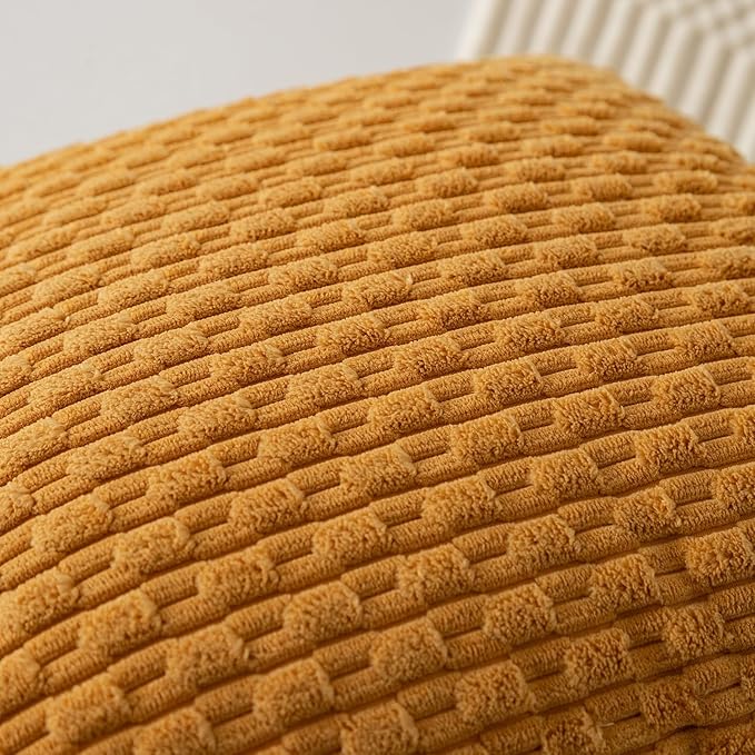 Kevin Textile Throw Pillow Covers Soft Corduroy Decorative Set of 2 Boho Striped Pillow Covers Pillowcases Farmhouse Home Decor for Couch Bed Sofa Living Room 22x22 Inch Golden Yellow