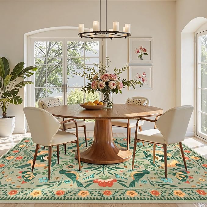 Moynesa Green Washable 8x10 Area Rugs for Living Room Bedroom Dining Room, Modern Farmhouse Country Floral Bird Print Pattern Medallion Carpet, Aesthetic Home Decorations Open Floor Areas Protection
