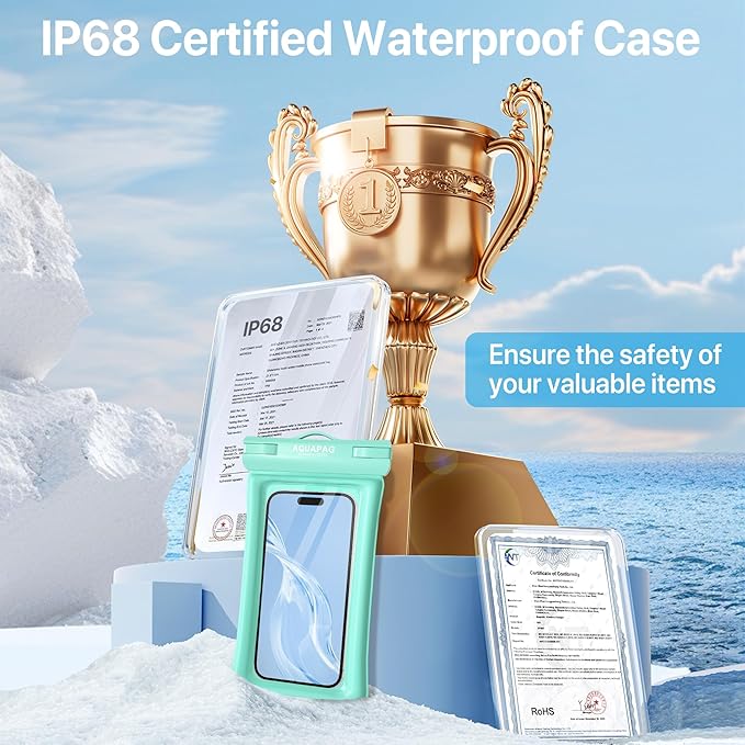 NEPHI IP68 Waterproof Phone Pouch 2 Pack-Up to 8.0",Adjustable Neck Lanyard Floating Waterproof Phone Case for iPhone,Phone Dry Bags for Vacation Beach Pool Travel Essentials (Aqua Green white 4 pack)
