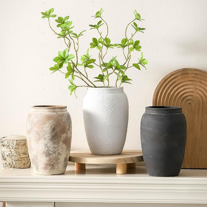 Rustic Ceramic Vase, 8.2 Inch Terracotta Rustic Vase, Farmhouse Decorative Vase Boho Decor, Christmas Decorative Vintage Flower Vase Home Decor, Living Room, Entryway, Holiday Wedding New Year Gifts