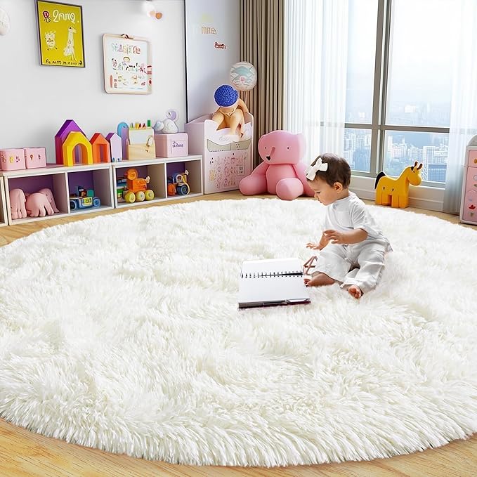 Round Fluffy Rugs 3Ft for Girls Bedroom, Cream White Shag Circle Kids Rug Non-Slip for Bedside Dorm Nursery Playroom, Soft Cute Area Rugs for Living Room Decor