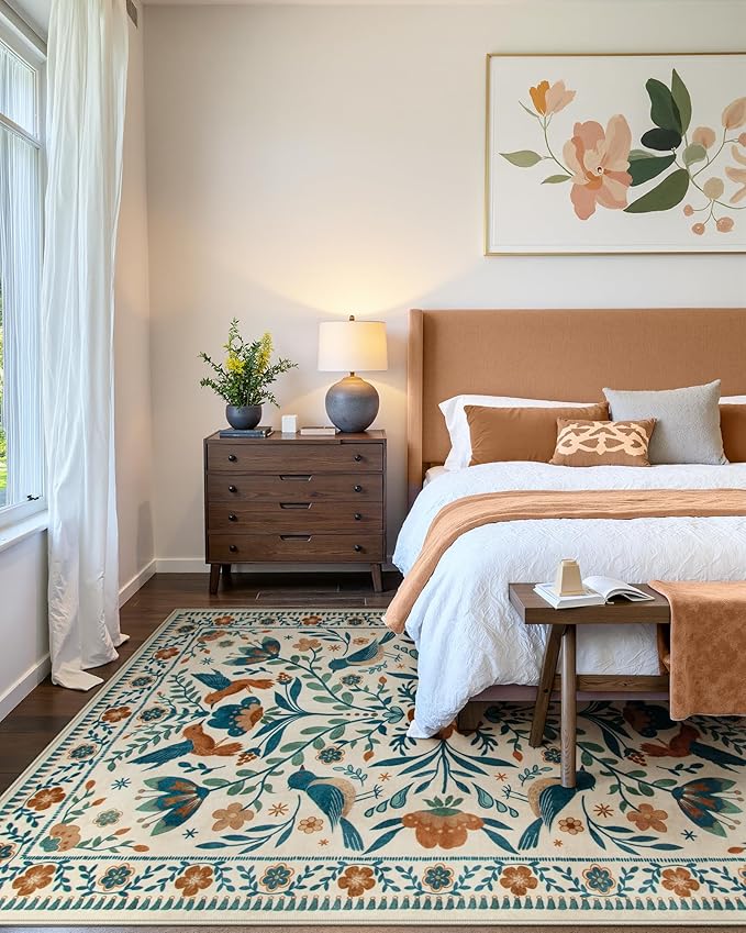 Moynesa Area Rugs 9x12 Retro Home Decor, Modern Bohemian Farmhouse Floral Bird Print Pattern Medallion Carpet for Large Living Room Bedroom Dining Room,Floor Protection Non-Slip Washable