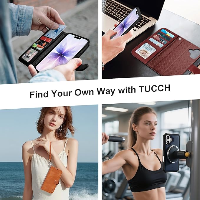 TUCCH 2-in-1 Detachable Wallet Case for iPhone 17 (6.3-inch) 2025, RFID Blocking | 4 Card Holders | Wireless Charging | Wrist Strap | Kickstand | Magnetic | PU Leather Protective Cover | Dark Blue