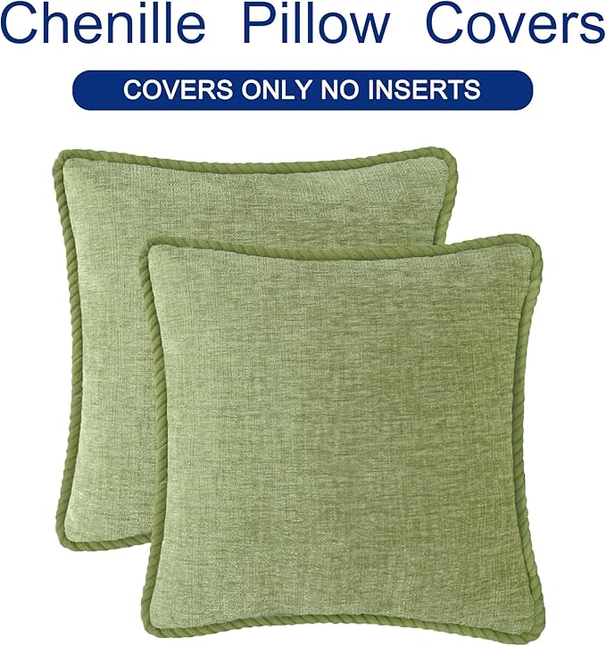 CaliTime Decorative Couch Throw Pillow Covers 20 X 20 Inches Pack of 2 Cozy Chenille Piping Edge Cushion Cases for Sofa Bed Living Room Home Sage Green