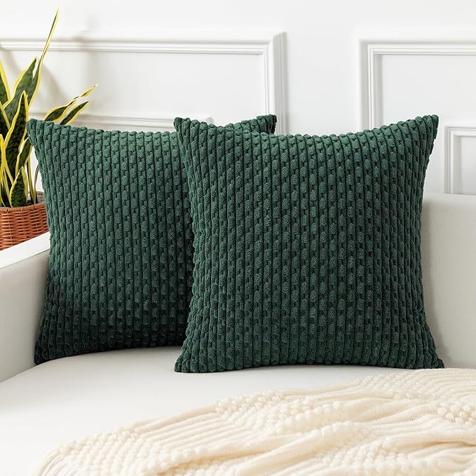 Kevin Textile Decorative Pillow Covers Set of 2 Striped Plush Corduroy Pillows Pillowcases Boho Home Decor Cushion Covers for Couch Sofa Bed Living Room 24x24 Inch, Army Green