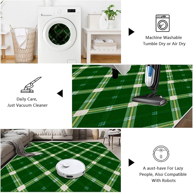 Plaid Rug - 6x9 Rug for Living Room, Geometric Stripes Soft Neutral Indoor Floor Carpet, Non-Slip Stain Resistant Modern Washable Rugs for Bedroom, Green Area Rugs