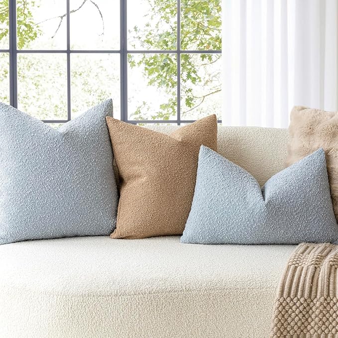 Foindtower Decorative Textured Boucle Throw Pillow Covers Accent Solid Pillow Cases Neutral Soft Cozy Couch Cushion Case for Chair Sofa Bedroom Living Room Home Decor 24 x 24 Inch,Light Blue
