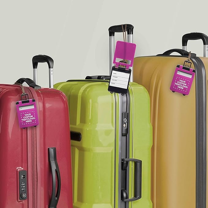 10 Mini Carry-on Luggage Tags Pack - Customizable Text, Logo - Flip Open Cover, ID Sticker - Purple