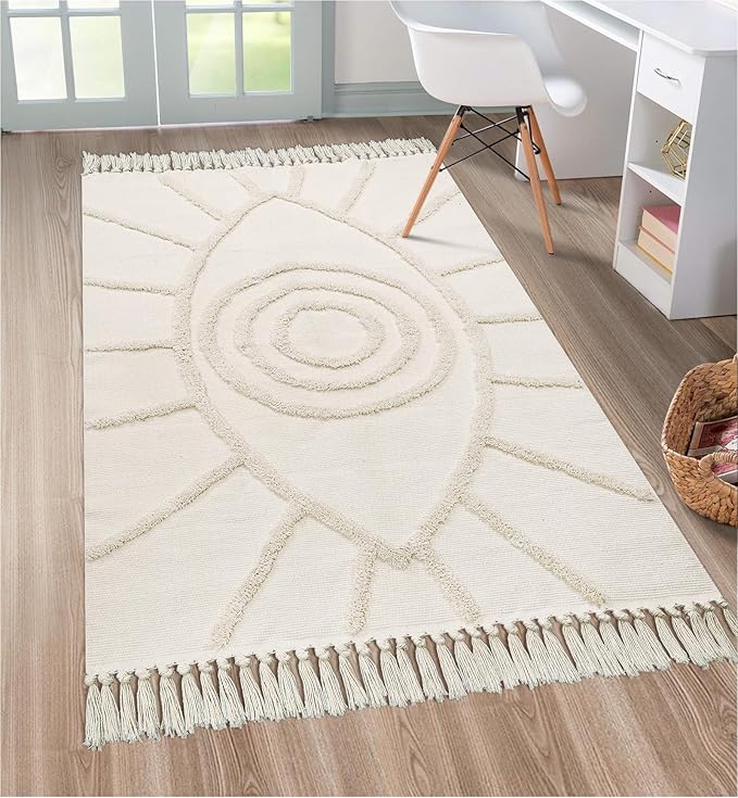 Uphome Boho Area Rug 3'x5' Washable Evil Eye Tufted Bedroom Rug with Tassels Soft Cotton Woven Entryway Rug Modern Minimalist Beige Floor Mats for Home Living Room Kitchen Hallway