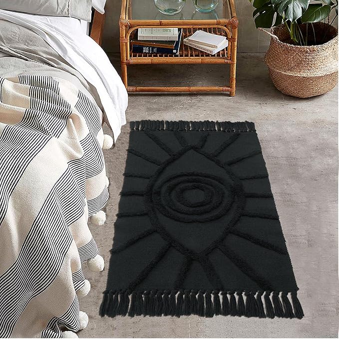 Uphome Boho Bathroom Rug 2'x3' Washable Evil Eye Tufted Entryway Rug with Tassels Soft Cotton Woven Small Rugs Modern Minimalist Dark Gray Throw Rugs for Bedroom Kitchen Doorway Laundry Room