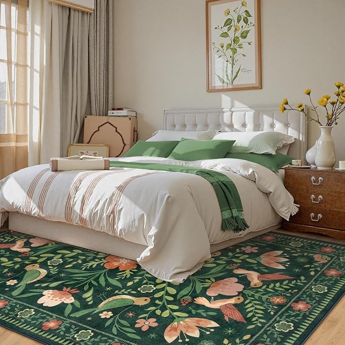Moynesa Floral Bird 6x9 Green Area Rug for Living Room Bedroom Dining Room, Vintage Home Decorations for Modern Cottage Farmhouse Aesthetic Open Areas,Comfort Floor Protection Non-Slip Washable